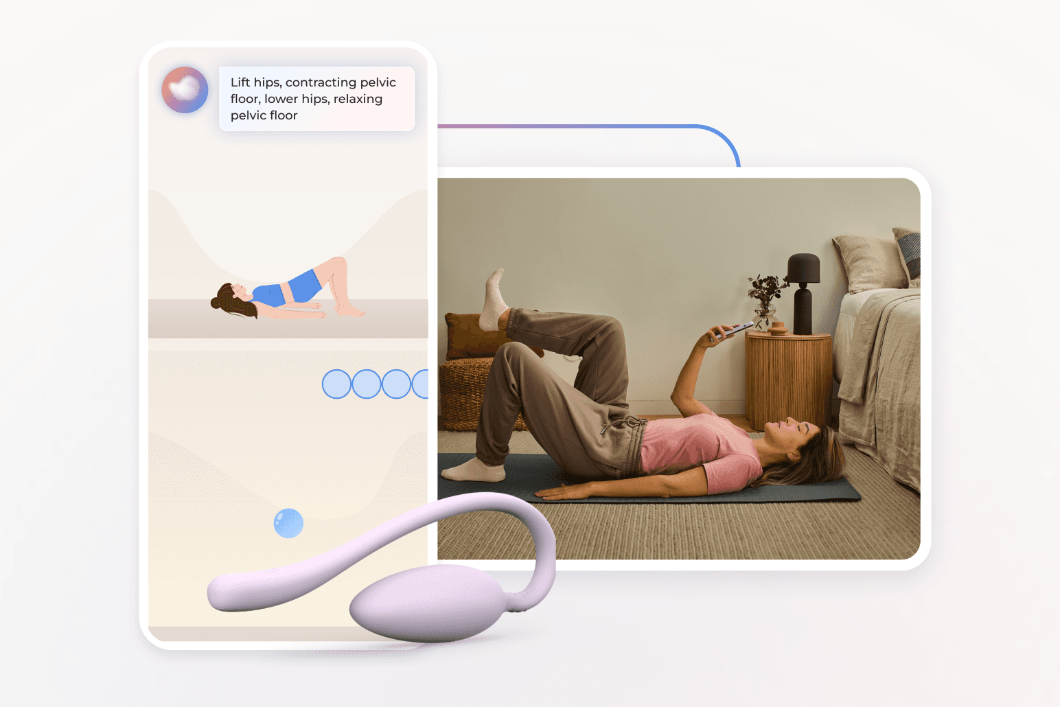 Woman doing pelvic floor exercises on a mat, following instructions on a phone app, with a pelvic exerciser device nearby.