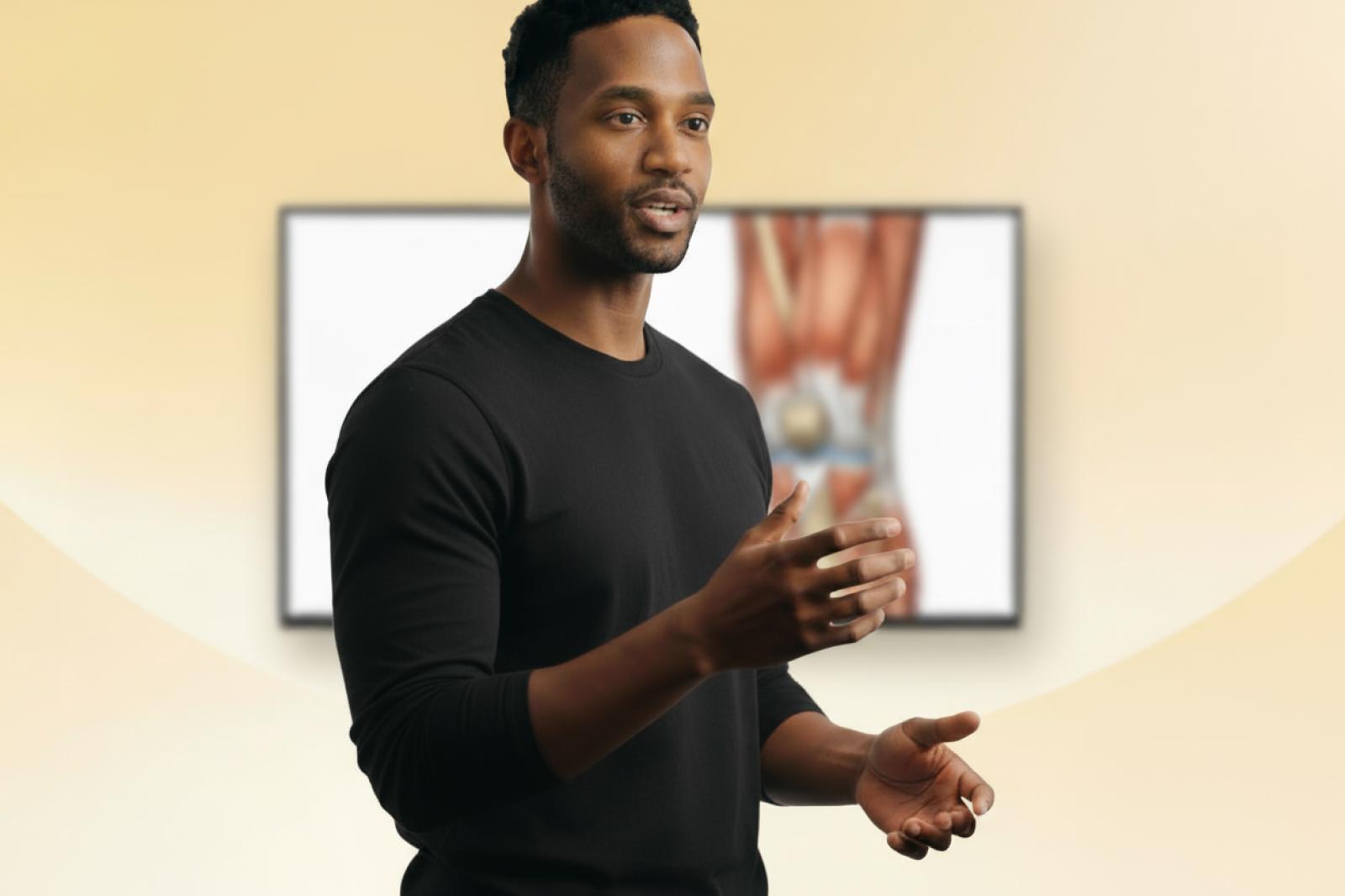 Man in black sweater speaking, gesturing with hands. Background shows a blurred anatomical image on a screen.