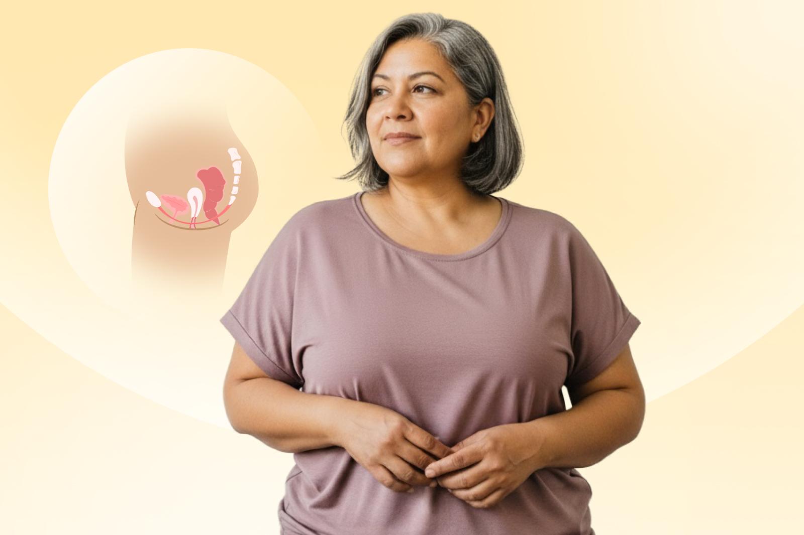 Woman with gray hair in a mauve shirt gazes to the side, with a medical illustration of a uterus in the background.