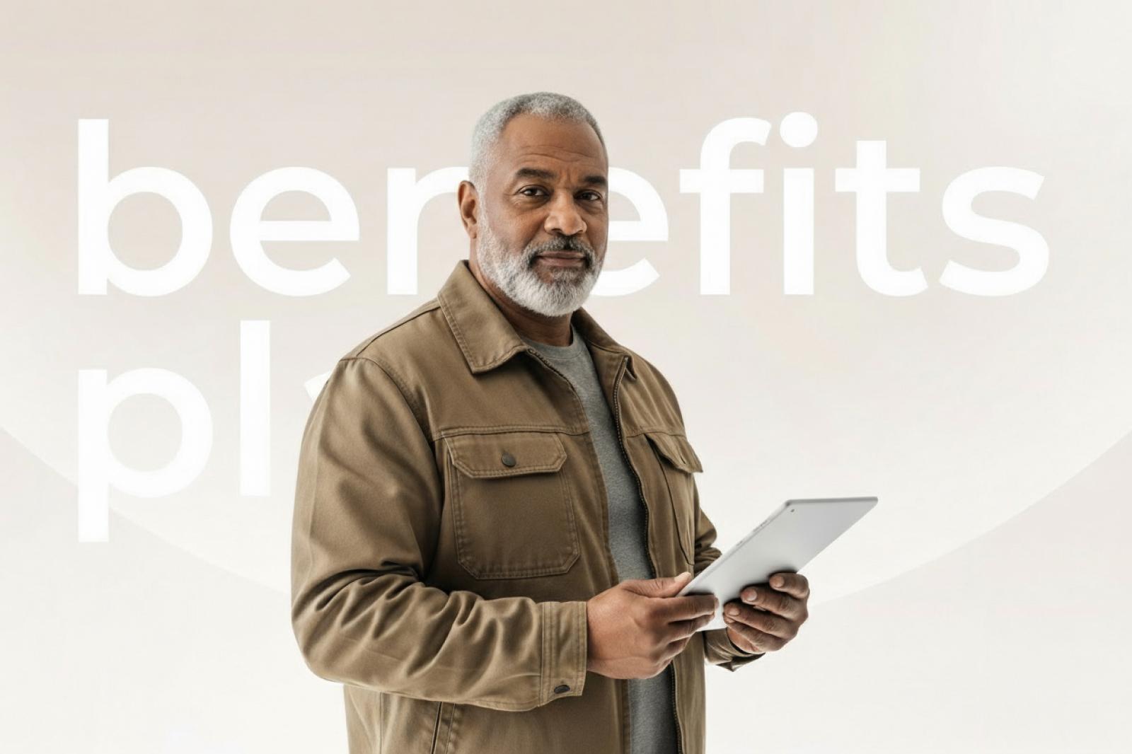 A man with a gray beard holds a tablet, standing in front of a blurred background with the word "benefits" partially visible.