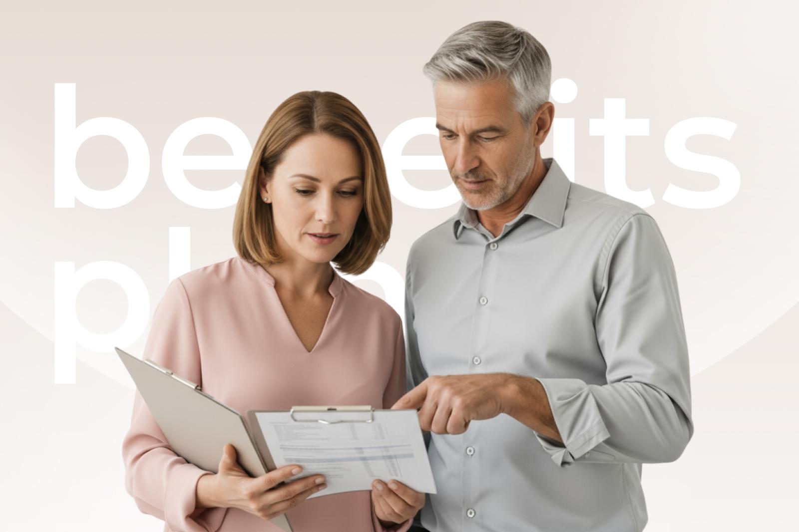 A man and woman review documents on a clipboard, standing in front of the words "benefits plan."
