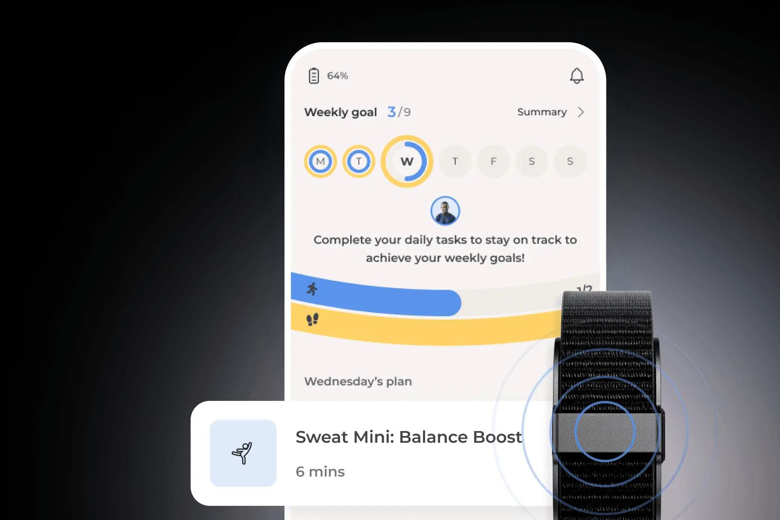 Smartphone screen displaying a fitness app with weekly goals, daily tasks, and a 6-minute workout plan. A fitness tracker is nearby.