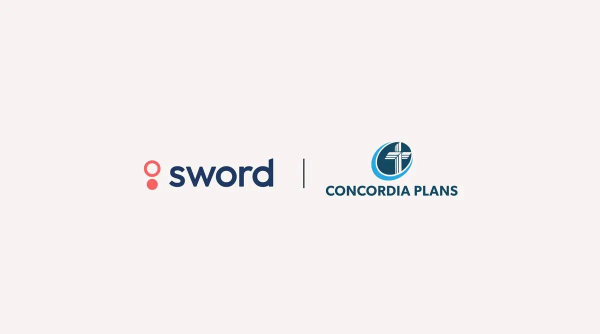Logos of Sword, with red and blue design, and Concordia Plans, featuring a blue circle with a cross and lines, on a light background.