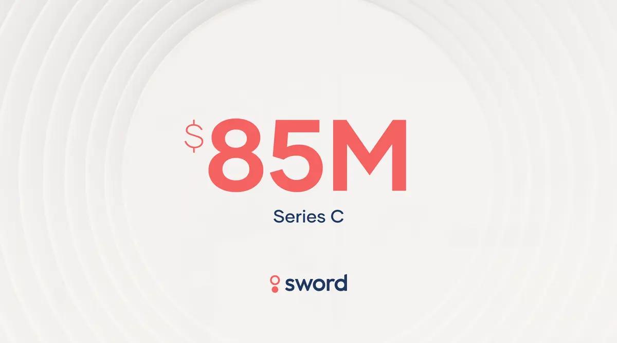 "$85M Series C funding announcement with the Sword Health logo below on a white background with subtle circular patterns."