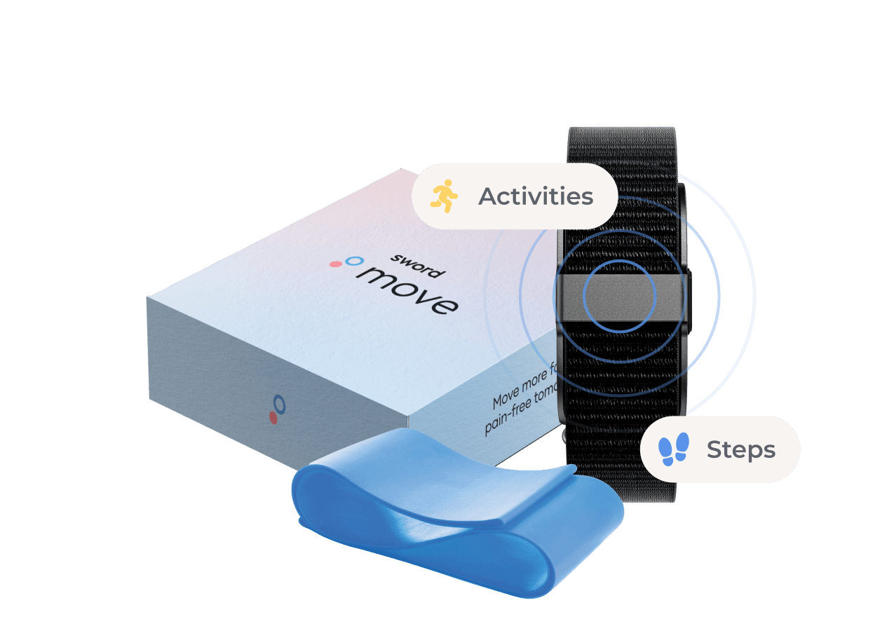 The Sword Move kit including the Move wearable with step and activity tracking features, displayed with a blue box and a blue accessory.