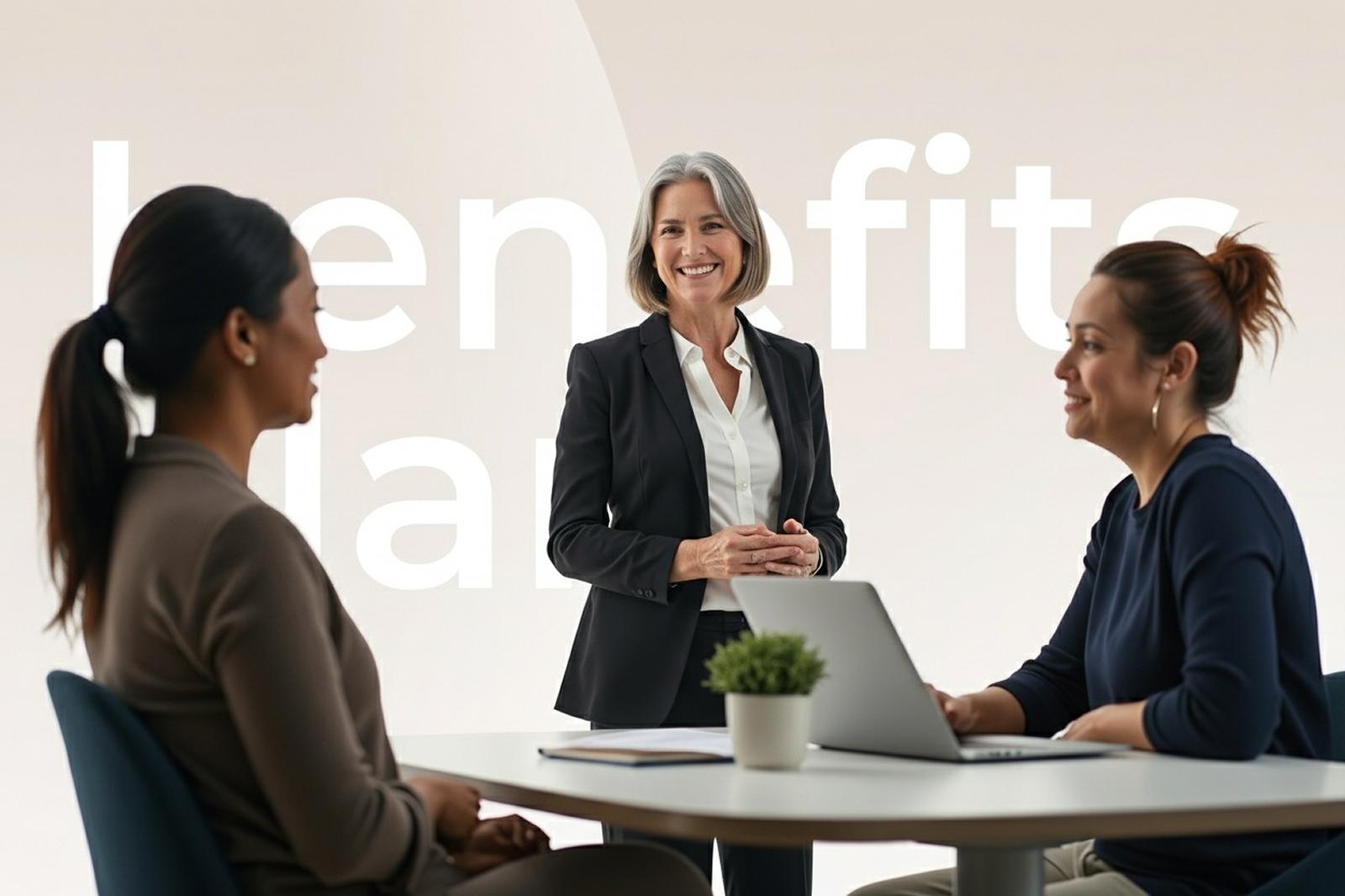 Three professionals in a meeting room, with one standing and speaking, while the others sit with a laptop. A small plant is on the table.