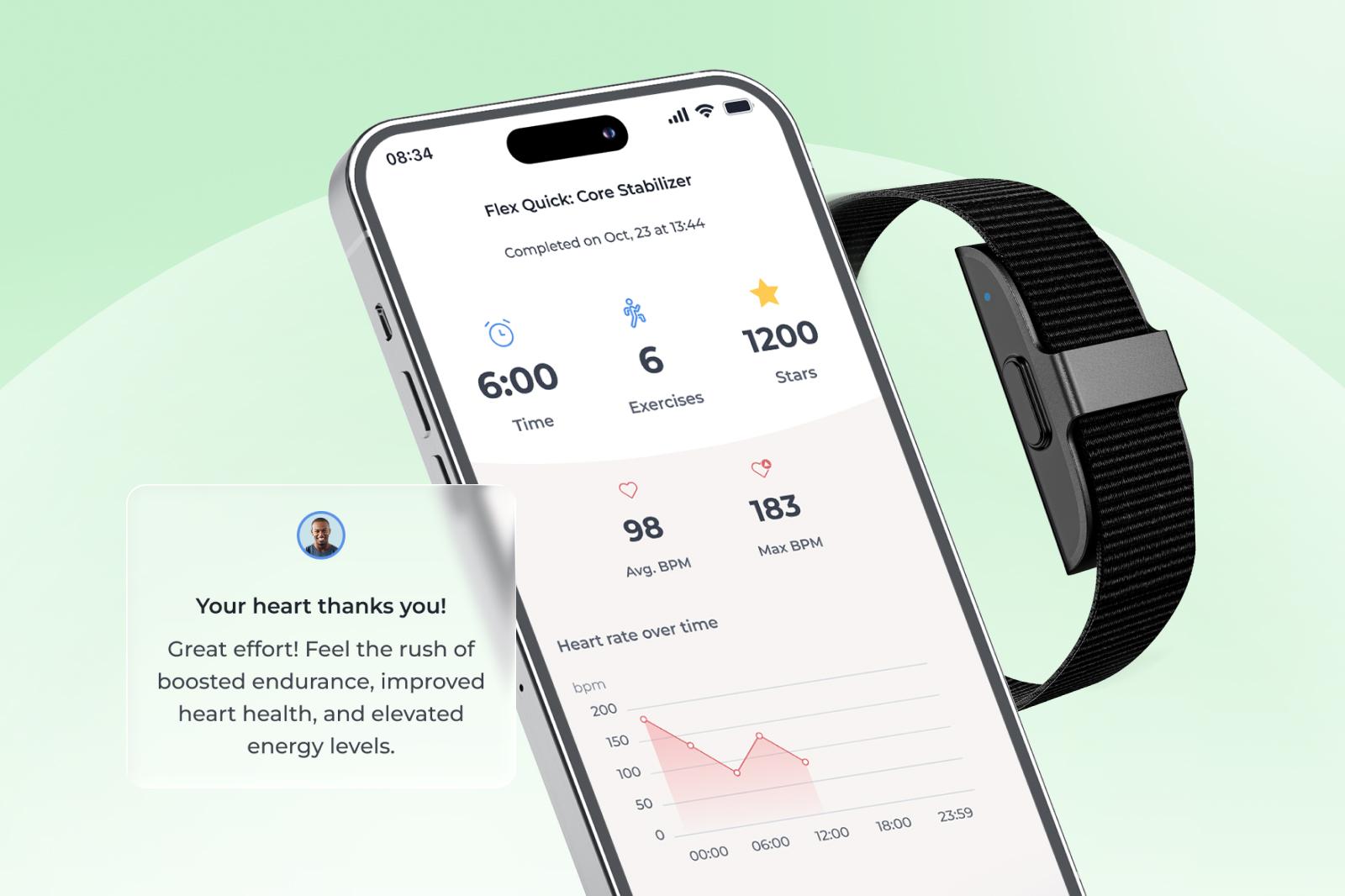 Smartphone displaying a fitness app with workout stats and a heart rate graph, next to a black fitness tracker on a light green background.