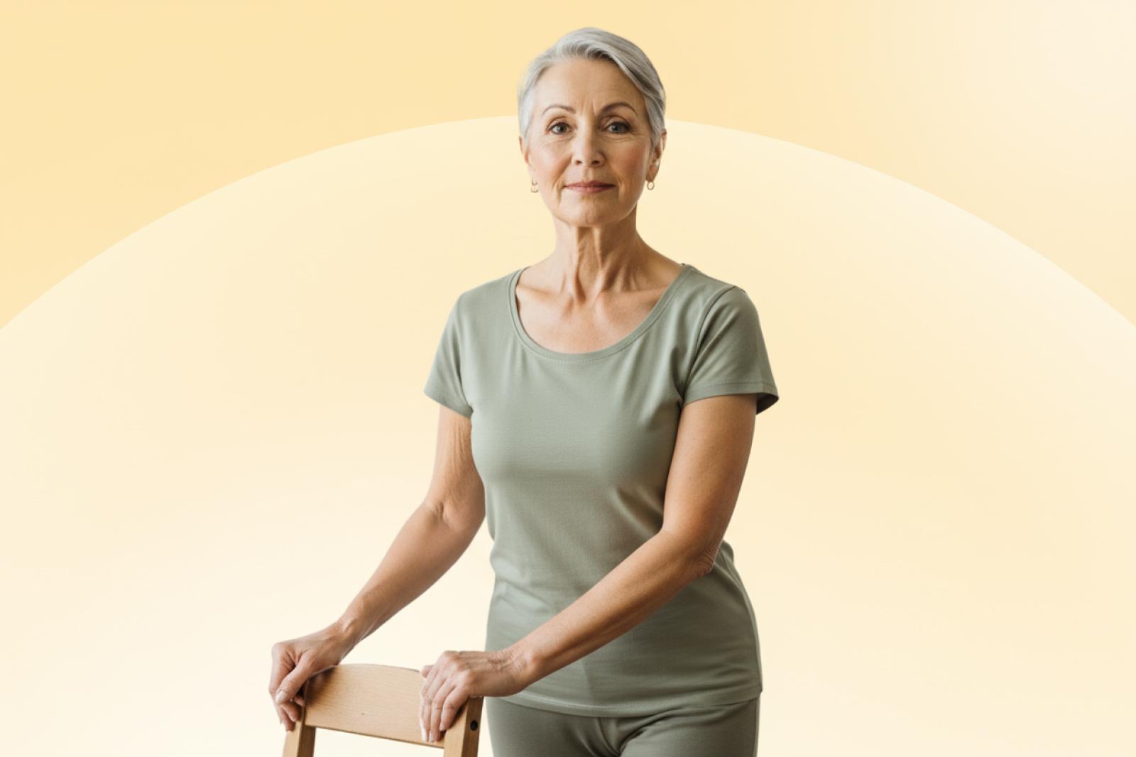 Older woman with short gray hair, wearing a light green outfit, stands holding a wooden chair against a soft yellow background.