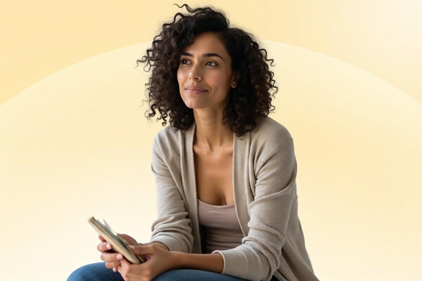 Woman with curly hair holding a book, sitting and looking thoughtfully to the side against a soft yellow background.
