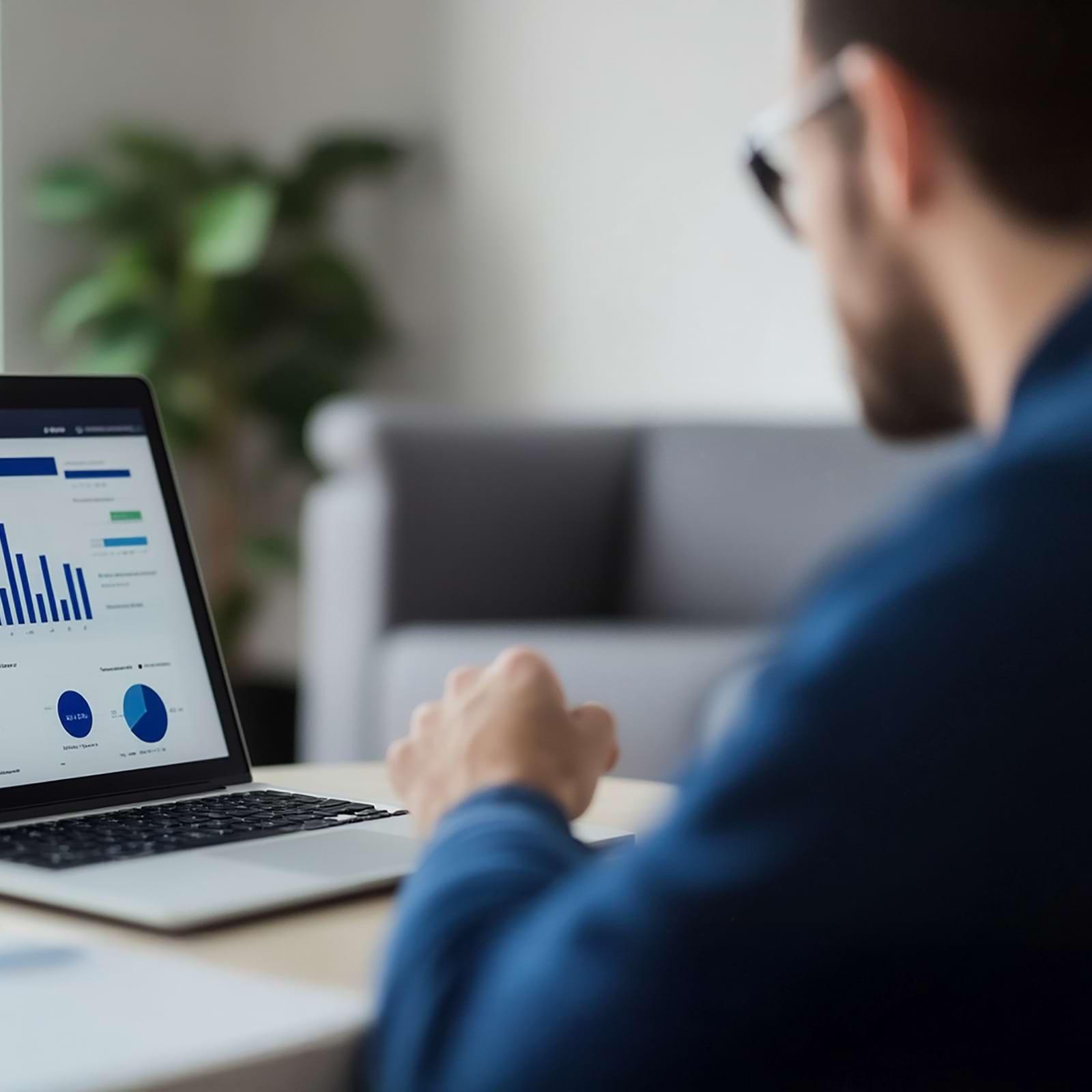 Person in blue shirt analyzing charts on a laptop screen at a desk, with a blurred background featuring a plant and a couch.