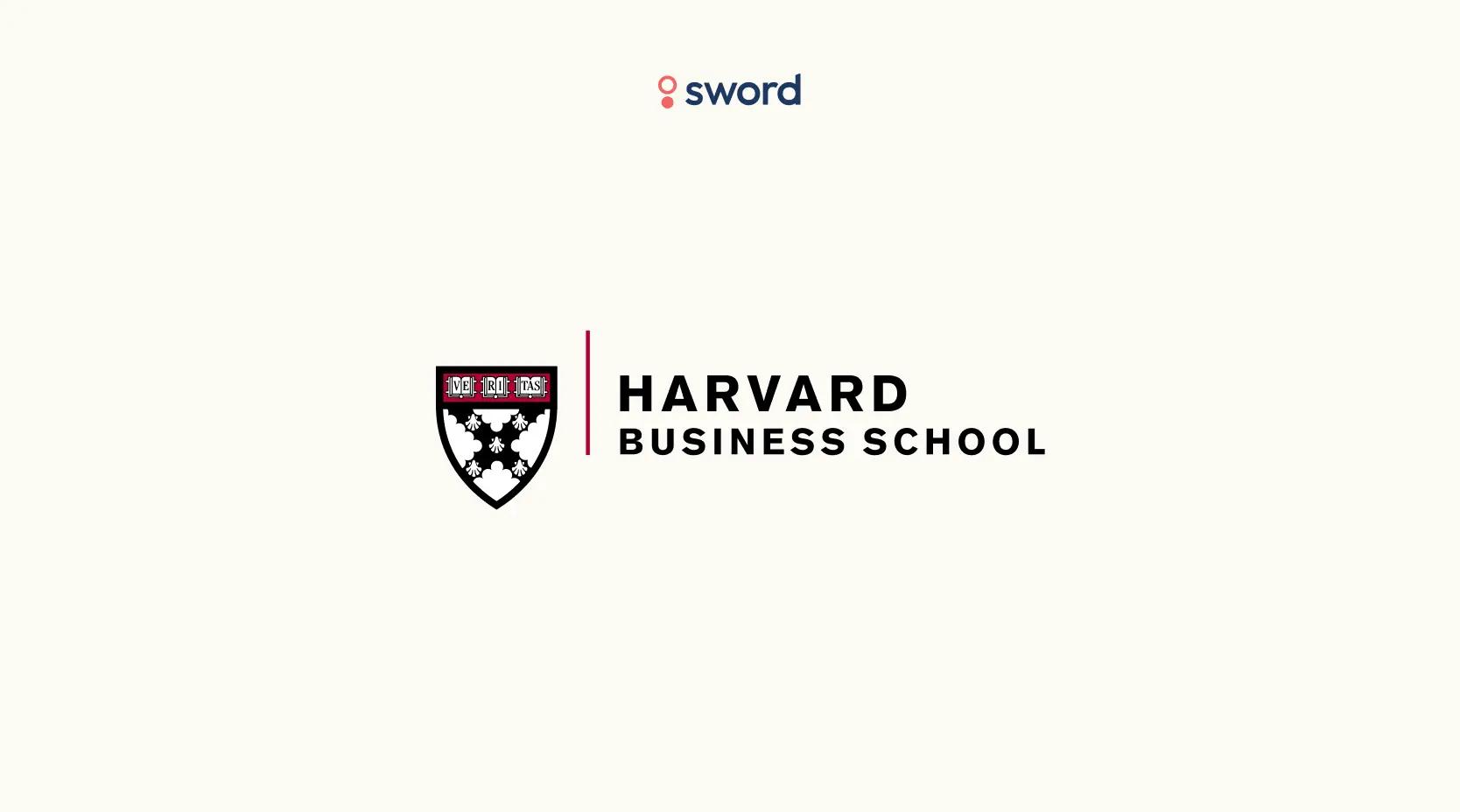 Harvard Business School logo with a shield emblem on a white background, featuring the word "sword" above.
