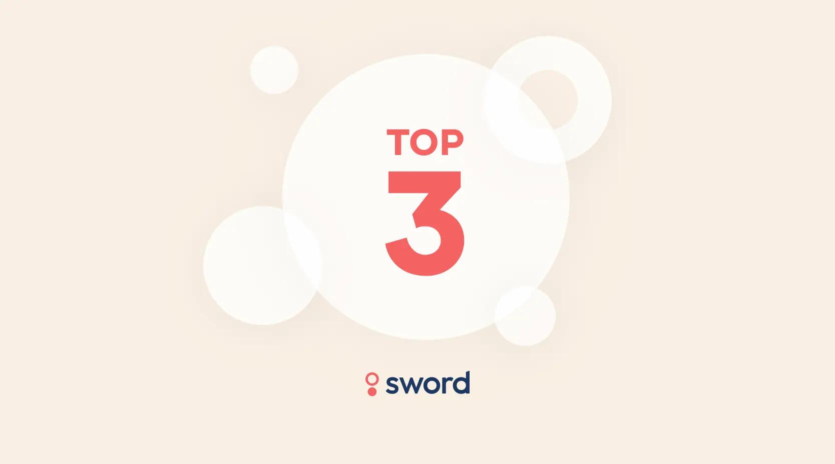 "Top 3" text in red on a light background with circular patterns, and a small "sword" logo below.