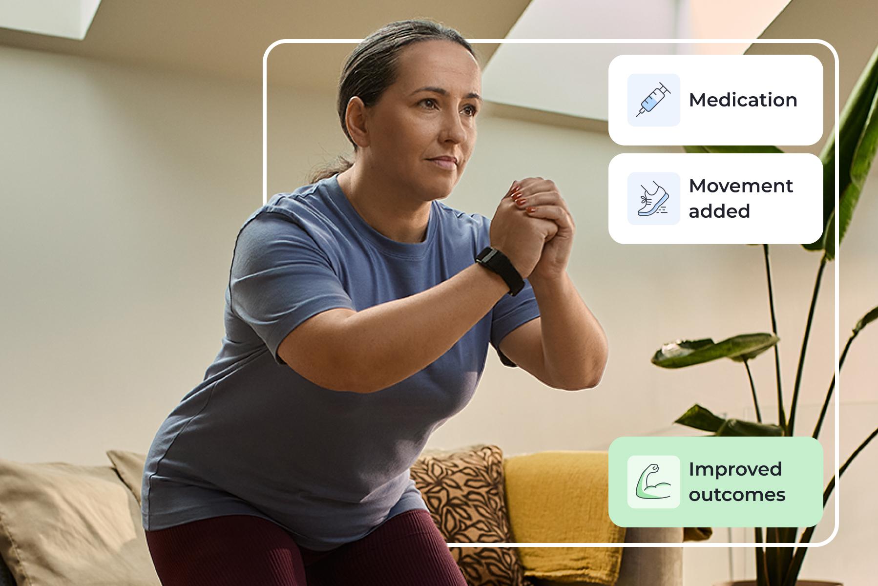 Woman exercising indoors with text overlay: "Medication," "Movement added," and "Improved outcomes."