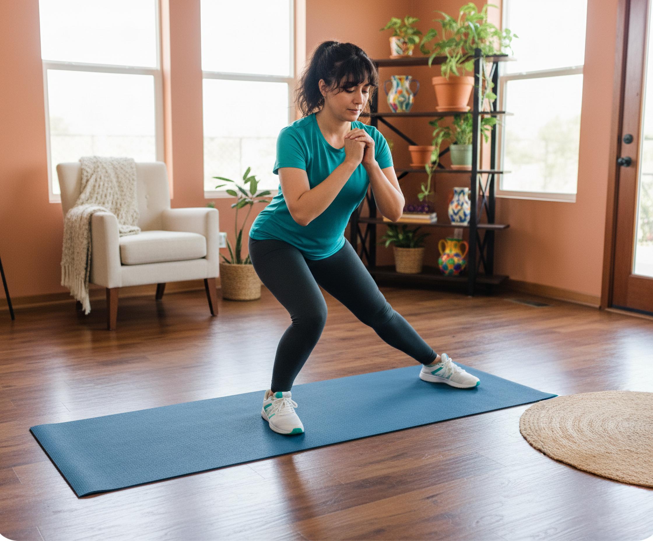 A woman exercises indoors, performing a side lunge on a blue mat in a bright room with plants and a chair.